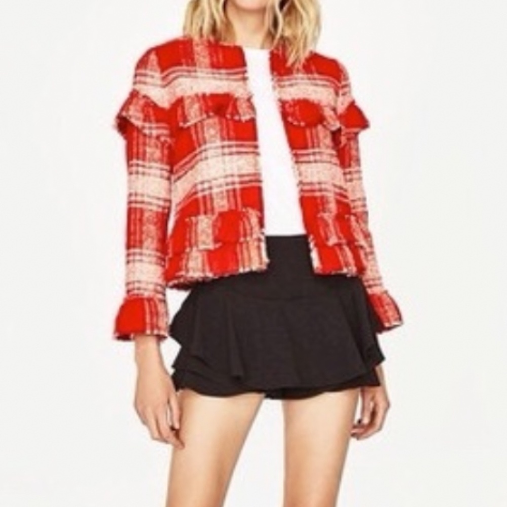Red Tweed Crop Jacket - Checkered Pattern - image 8